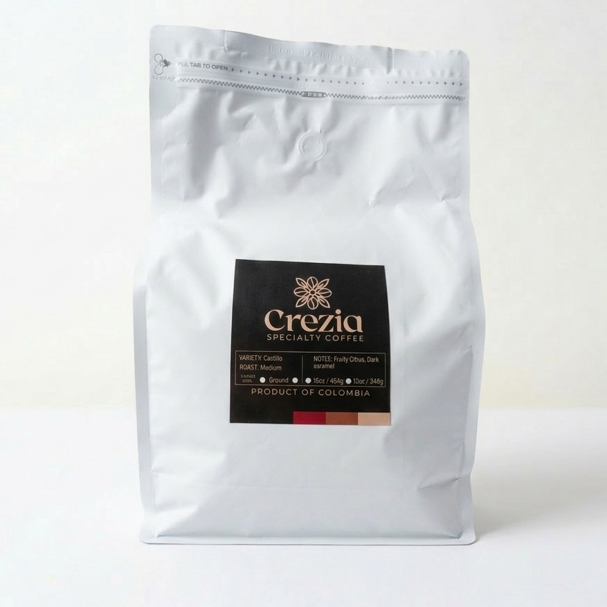 White coffee bag with Crezia label on a white background